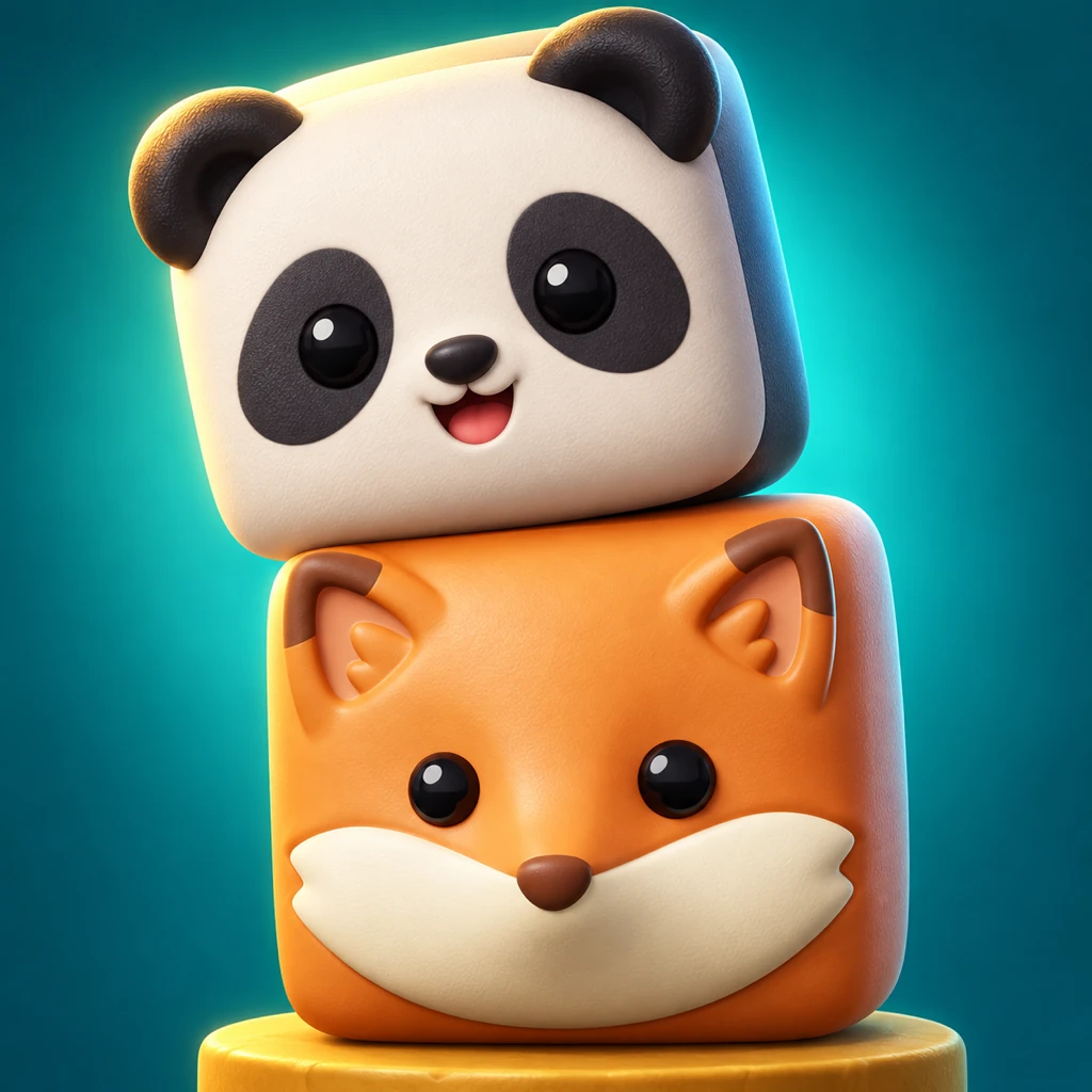 Das neue Wobble-Zoo-Motiv: ein Panda-Tierwürfel auf einem Fuchs